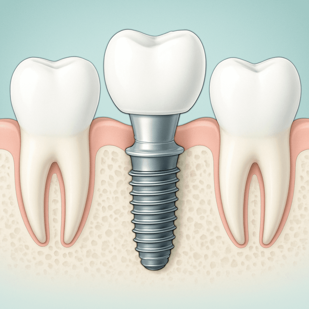 Diagram of a dental implant post, abutment and crown placed in the jawbone