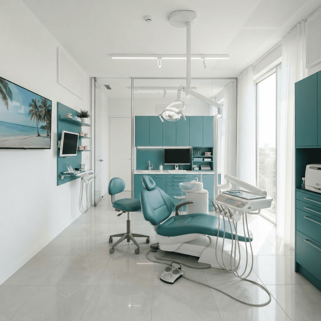 Dental treatment room with chair and wall-mounted TV