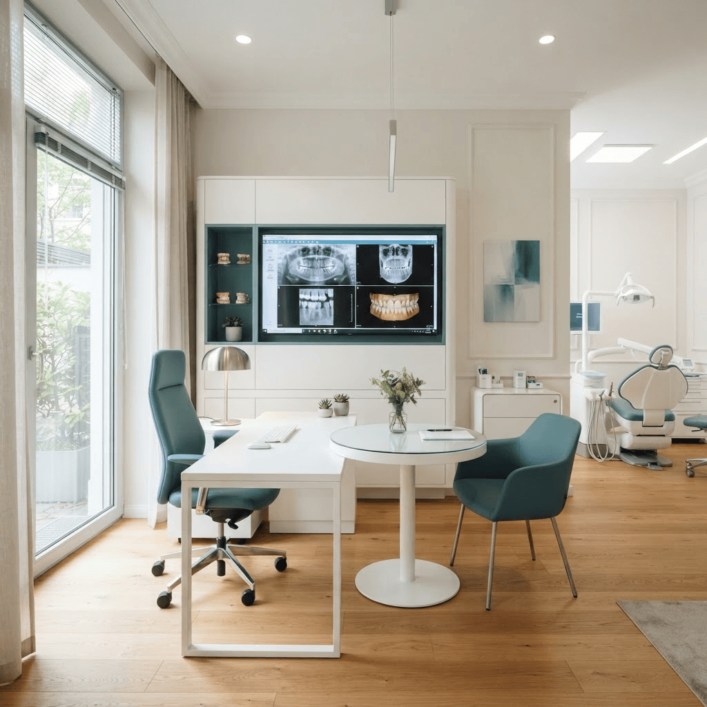 Consultation room with monitor showing dental scans